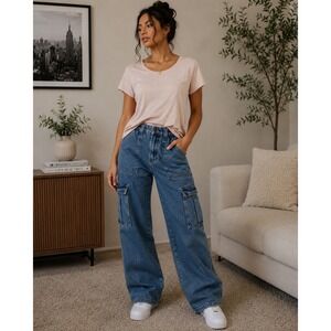 Fashion Nova Women Blue Wide Leg Cargo Carpenter Jeans Medium Wash Size 5